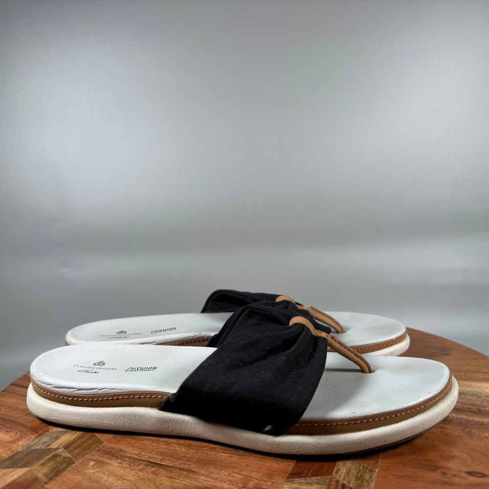 Clarks Cloudsteppers Arla Glison‎ Womens 7.5 Black Tan Thong Flip Flop Sandals